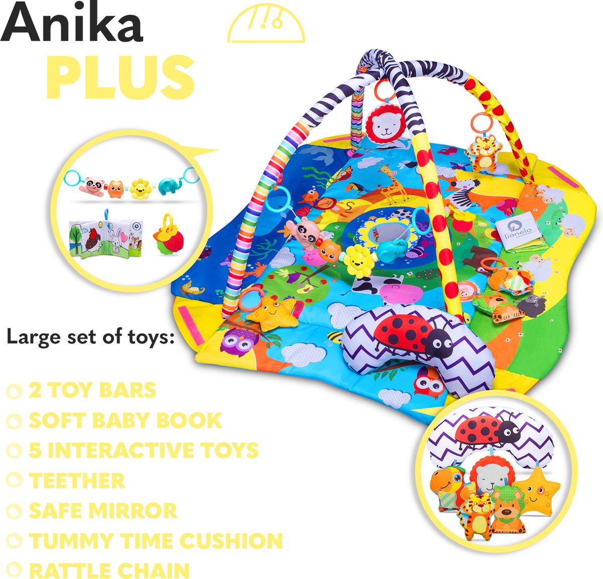 Lionelo Anika Plus 2-in-1 Babygym & Speelkleed – Met Verhoogde Randen (Boxfunctie) – Inclusief Tummy Time Kussen, Interactief Boekje & 5 Speeltjes – 115x110 cm — afbeelding 12