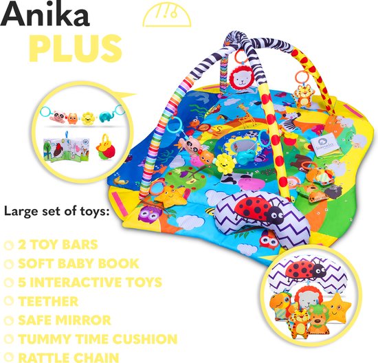 Lionelo Anika Plus 2-in-1 Babygym & Speelkleed – Met Verhoogde Randen (Boxfunctie) – Inclusief Tummy Time Kussen, Interactief Boekje & 5 Speeltjes – 115x110 cm