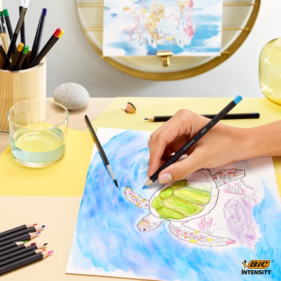 Hand kleurt een schildpad met blauwe aquarelpotloden, een penseel en water zijn zichtbaar.