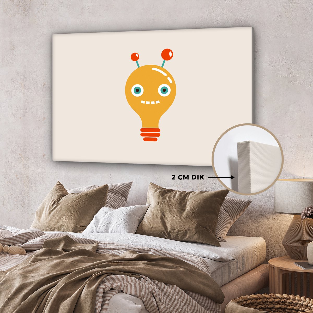 Canvas schilderij 140x90 cm - Wanddecoratie Robot - Gloeilamp - Gezicht - Antenne - Kinder