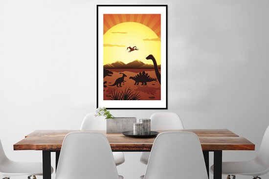 Affiche dans cadre photo enfant - Dino - Soleil - Nature - Dessin - Enfants - Garçons - Décoration murale chambre d'enfant - Décoration murale garçons - 60x90 cm - Décoration Kinder