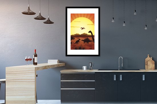 Affiche dans cadre photo enfant - Dino - Soleil - Nature - Dessin - Enfants - Garçons - Décoration murale chambre d'enfant - Décoration murale garçons - 60x90 cm - Décoration Kinder