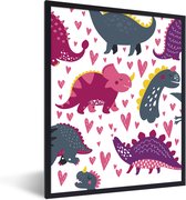 Poster in lijst voor kinderen - Wanddecoratie meisjes - Dino - Hart - Patronen - Roze - Meisjes - Dinosaurus - Decoratie voor kinderkamers - 60x80 cm - Poster kinderkamer