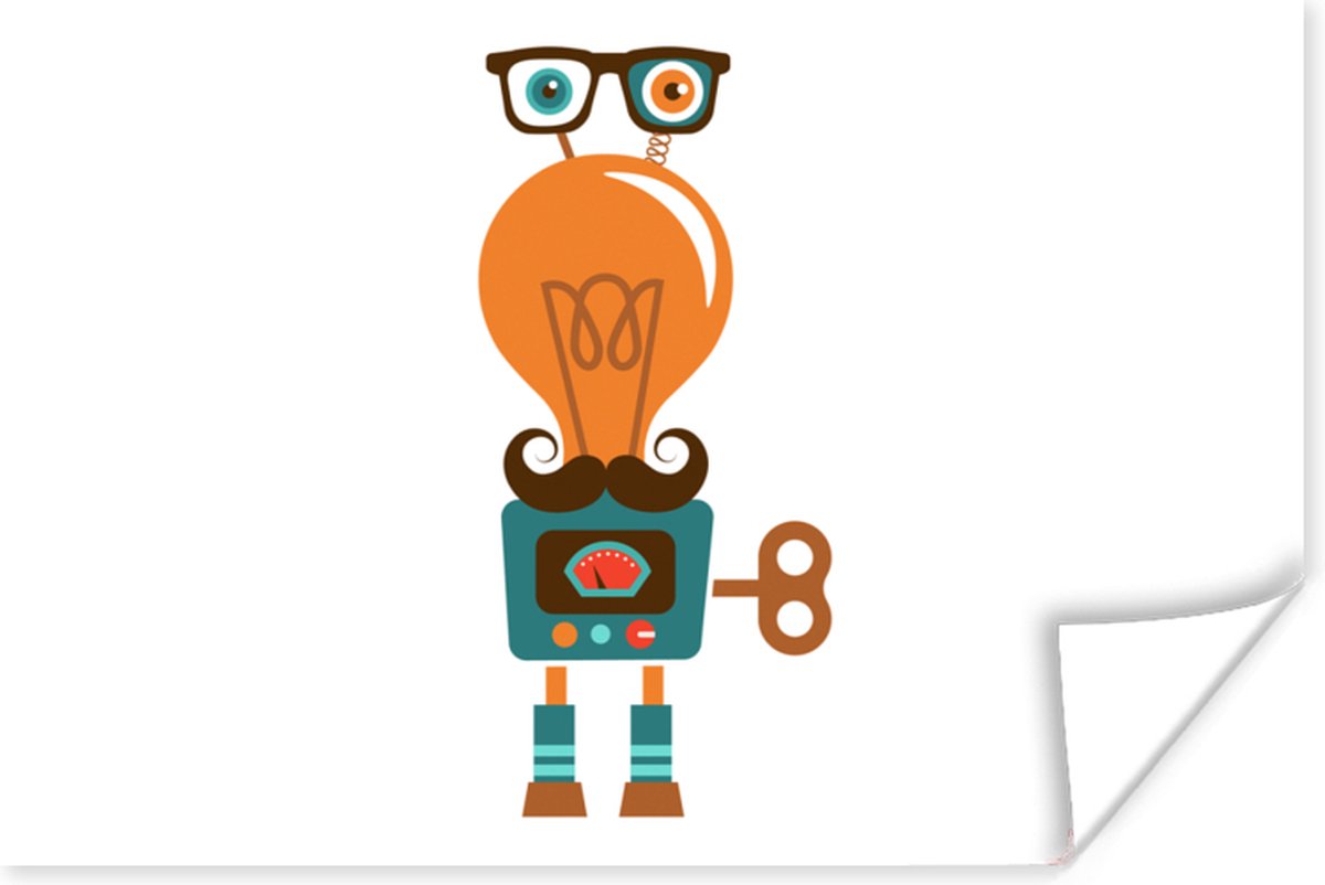 Poster 60x40 cm - Robot - Bril - Gloeilamp - Snor - Kinderen - Jongens - Posters - Kamer d