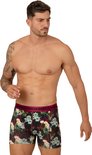 Zwarte Muchachomalo boxershorts met een rode band en een vrolijke print van papegaaien en bloemen.