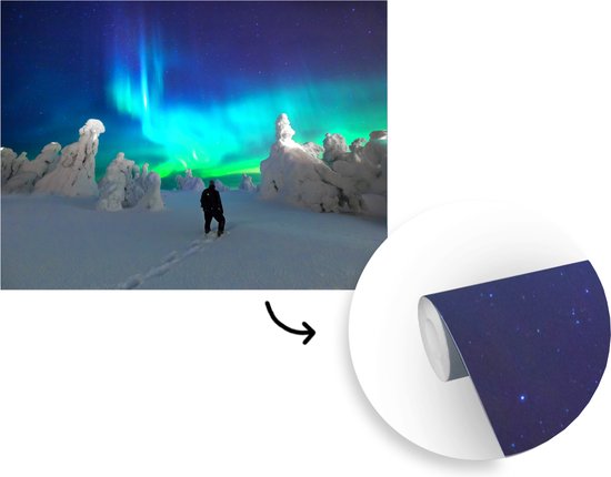 Papier peint photo peint vinyle - Admirateur solitaire des aurores boréales largeur 375 cm x hauteur 300 cm - Tirage photo sur papier peint (disponible en 7 tailles)