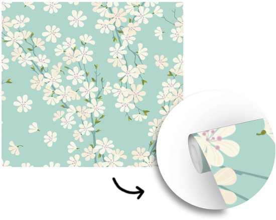Papier peint photo vinyle - Une illustration de conception florale de fleur de cerisier largeur 240 cm x hauteur 240 cm - Tirage photo sur papier peint (disponible en 7 tailles)