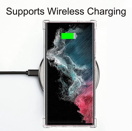 Samsung Galaxy S23 Ultra avec coque transparente sur chargeur sans fil. Prend en charge la charge sans fil.