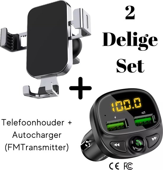 Premium Luxe & Stevige 2 Delige Set - Carkit - Telefoonhouder en Bluetooth FM Transmitter - Snelle Oplader - Universeel - Auto Radio - 2x 3.4A USB...