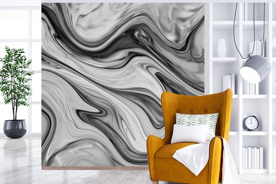 Behang - Fotobehang Marmer - Patronen - Grijs - Marmerlook - Zwart - Breedte 280 cm x hoogte 280 cm