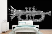 Behang - Fotobehang Illustratie van een trompet - zwart wit - Breedte 330 cm x hoogte 220 cm