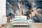 Behang - Fotobehang Marmer - Grijs - Blauw - Luxe - Goud - Breedte 375 cm x hoogte 280 cm