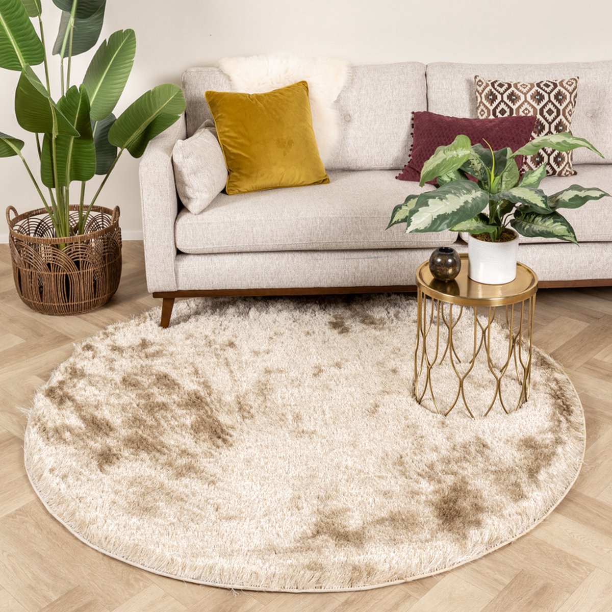 Studio Clarice Rond hoogpolig vloerkleed - Glorious Champagne/Creme - Ø 200cm