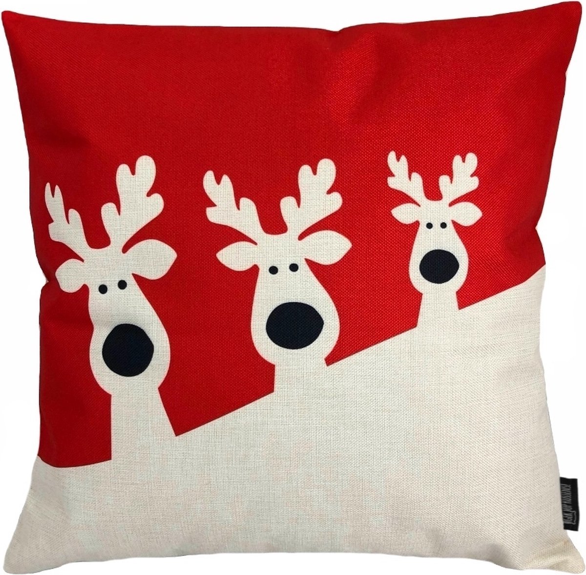 Gek op Kussens! Sierkussen Familie Rendier | 45 x 45 cm | Katoen/Linnen Rood/Zwart/Beige