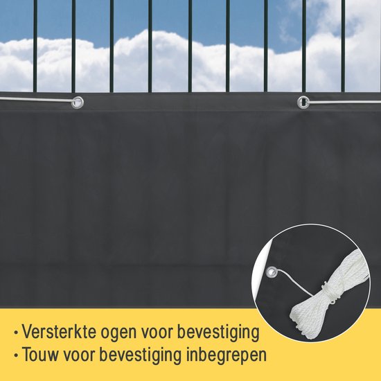 Donkergrijs balkondoek met versterkte oogjes voor bevestiging. Touw voor bevestiging inbegrepen.