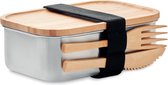 Broodtrommel - Lunchbox - Brooddoos - Lunchtrommel - Volwassenen - Met bestek - Bamboe - RVS - 600 ml - zilver - beige