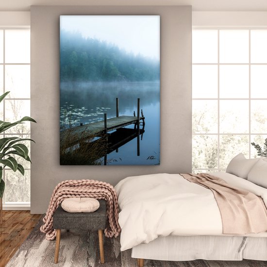 Peinture sur toile - Nature - Lac - Forêt - Brouillard - Photo sur toile - 120x180 cm - Canvasdoek - Décoration murale salon