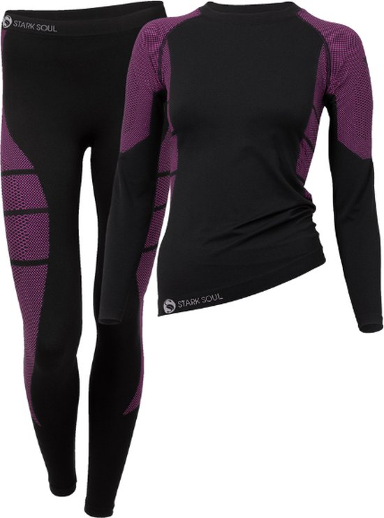 Dames sportset - Thermo - Sportshirt met lange mouwen - Sportlegging lang - Quick Dry - Zwart/Roze - Maat S/M