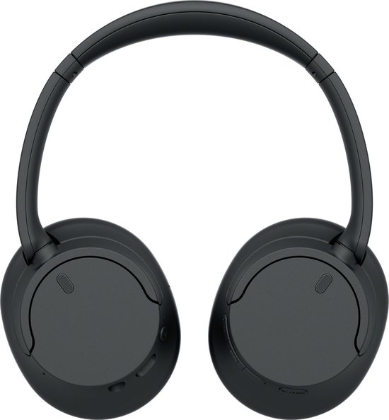 Zwarte Sony over-ear koptelefoon, plat gelegd.