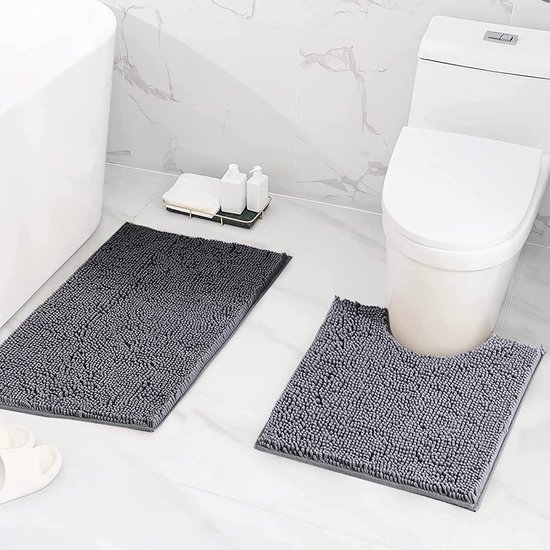 Toilet badkamer tapijt set van 2 - super zachte antislip badmat, absorberende antislip badmat, toiletmat - pluche badkamertapijt mat voor bad, badkuip, douche - machinewasbaar (grijs)