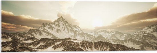 Acrylglas - Felle Ochtend Zonnestralen over de Toppen van Bergen met Sneeuw - 90x30 cm Foto op Acrylglas (Met Ophangsysteem)