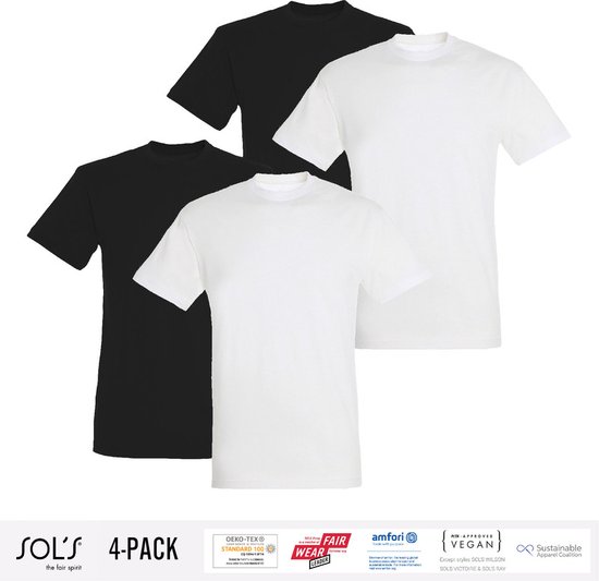 4 Pack Sol's Heren T-Shirt 100% biologisch katoen Ronde hals Zwart en Wit Maat M