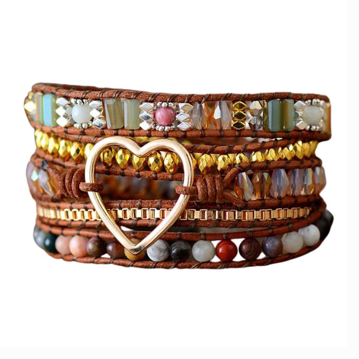 Marama - wikkelarmband Valentine - damesarmband - bruin leer - edelsteen Jaspis en Kristal - verstelbaar - hart - liefde