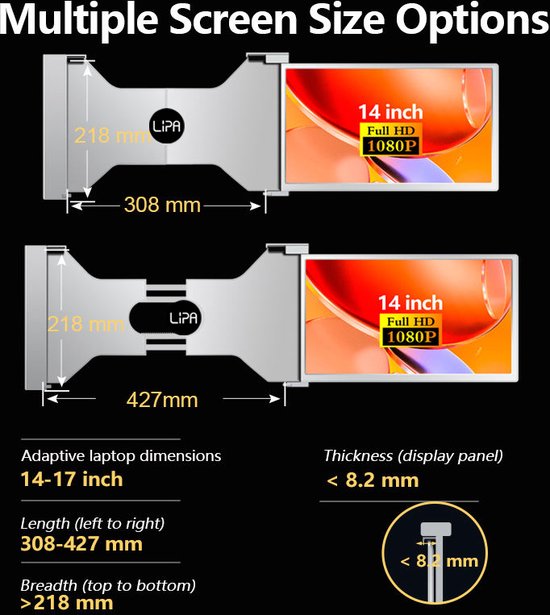 Moniteur portable Lipa S14 14 pouces - Écran d'ordinateur portable Extra - Écran portable - HDR - Full HD avec 60 Hz - USB-C et HDMI - Pour ordinateurs portables entre 14 et 17 pouces - Haut-parleurs - Peut également être utilisé séparément