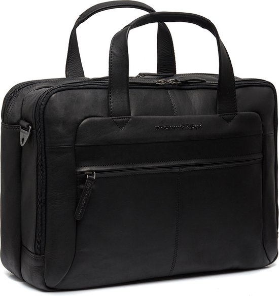 Zwarte leren laptoptas met handvatten en ritsvak.