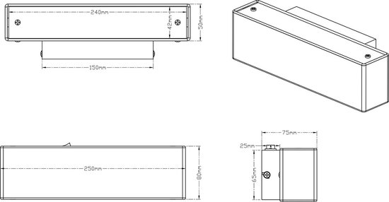 Technische tekening van wandlamp met afmetingen: 240mm, 45mm, 50mm, 150mm, 250mm, 80mm, 75mm, 25mm, 65mm.
