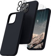 Hoesje Geschikt voor iPhone 14 Pro Max – Liquid siliconen backcover met 2x glazen screenprotector en camera lens protector – Zwart