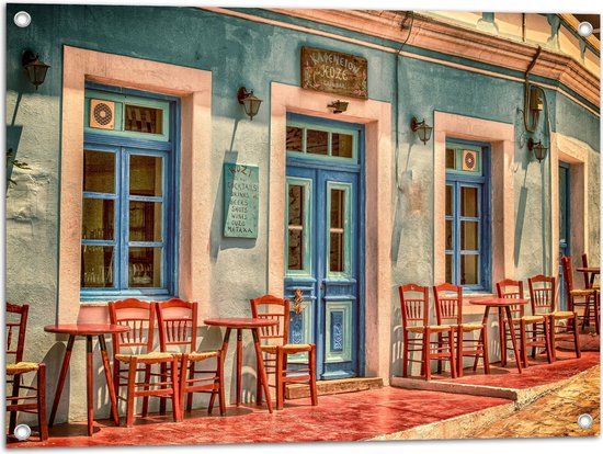 WallClassics - Tuinposter – Grieks Café - 80x60 cm Foto op Tuinposter (wanddecoratie voor buiten en binnen)