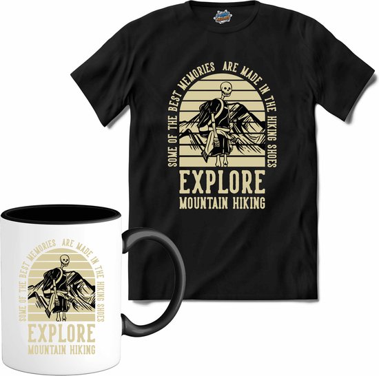Explore Mountain Hiking | Wandelen - Hiking - Lopen - T-Shirt met mok - Unisex - Zwart - Maat XL