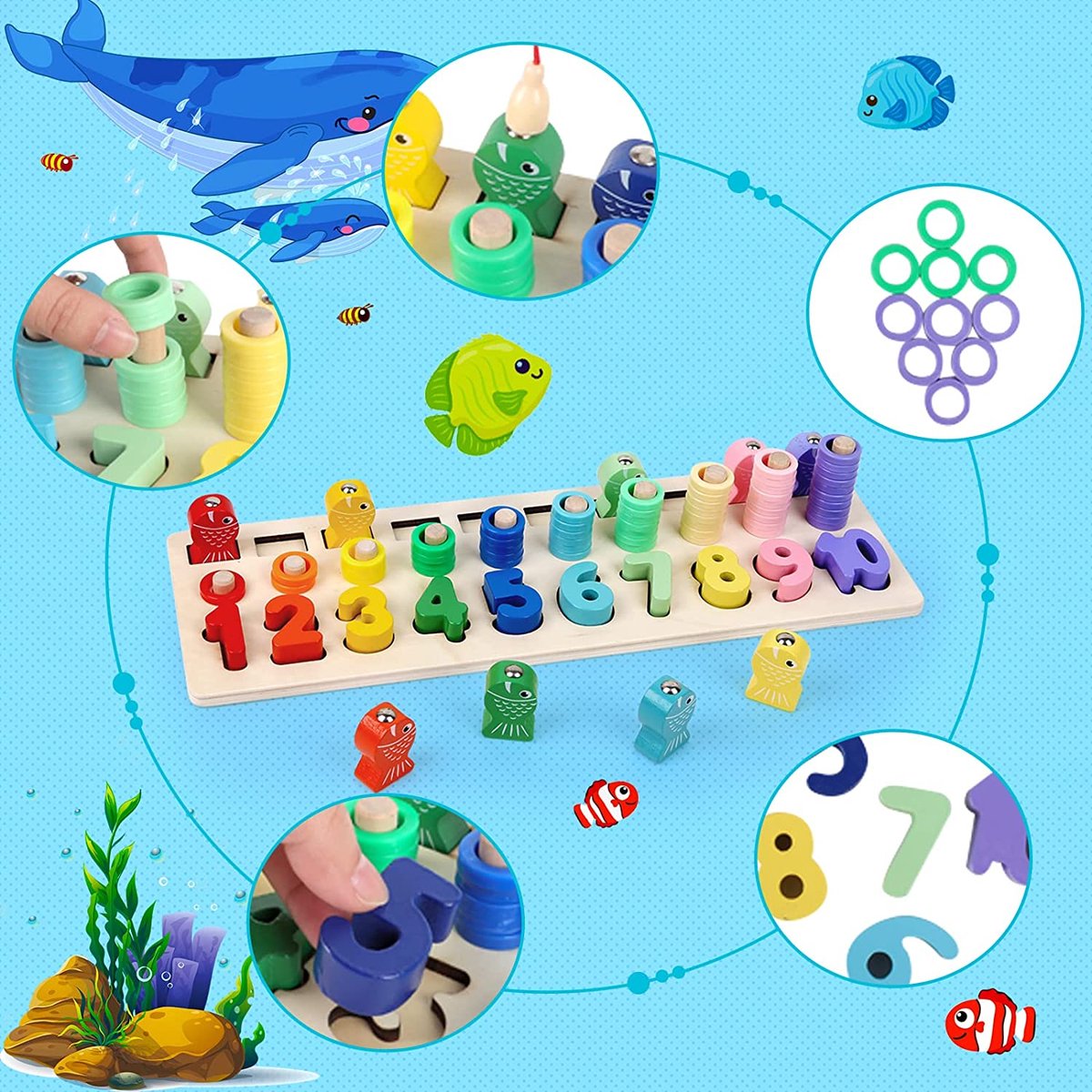 3 en 1 jeu de pêche magnétique en bois jouets pour tout-petits préscolaire  ABC Alphabet Cognition poisson jeux de société jouets mathématiques pour 3
