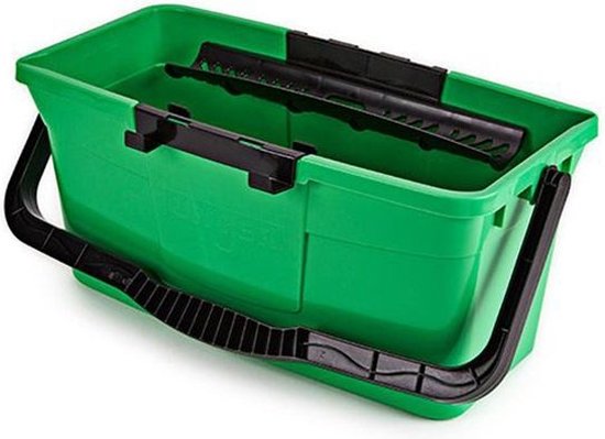 Groene Unger emmer met een zeef en zwart handvat.