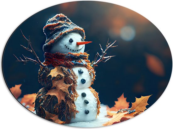 Dibond Ovaal - Sneeuwpop met Takken Armen tussen de Herfstbladeren - 56x42 cm Foto op Ovaal (Met Ophangsysteem)