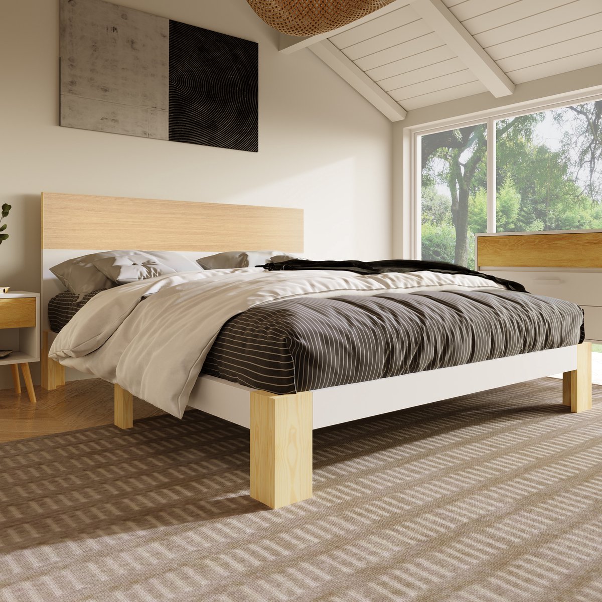 Houten bed tweepersoonsbed met hoofdeinde -Natuurlijk houten bed met lattenbodem-140x200 cm -Natuurlijk&Wit Klassieke landelijke stijl