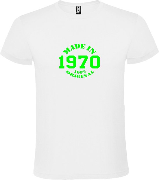 Wit T-Shirt met “Made in 1970 / 100% Original “ Afbeelding Neon Groen Size XXXXL