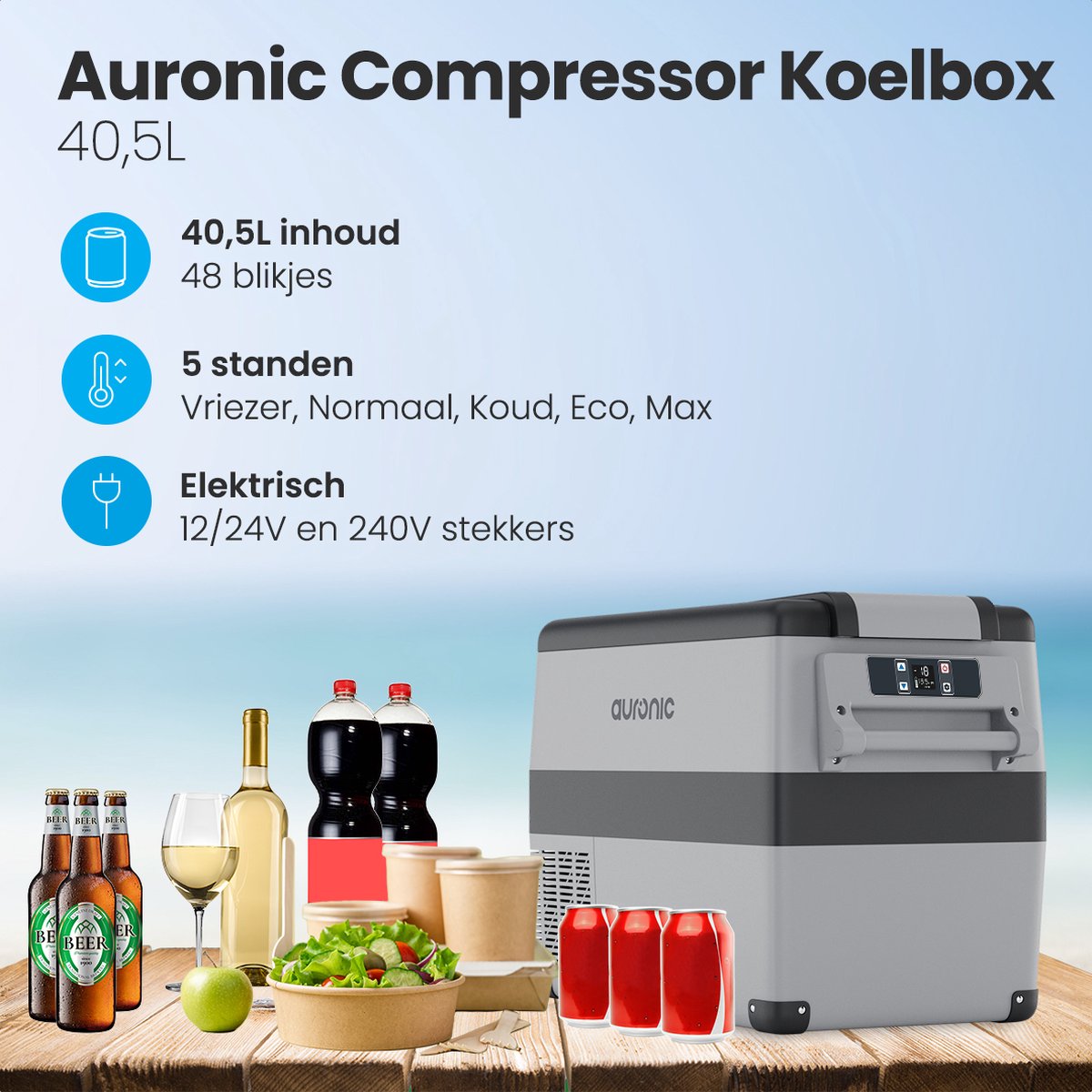 Auronic Compressor Koelbox Elektrisch 12V en 230 volt - Camping Koelkast - 5 Standen - 40.5L - Frigobox - Grijs – foto 2