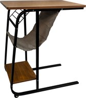 QUVIO Bijzettafel op wieltjes - Met legplanken - Bijzettafeltje - Rollend tafeltje - Sidetable - Hout - Stof - Metaal - Bruin, zwart en grijs - 65 x 40 x 75 cm