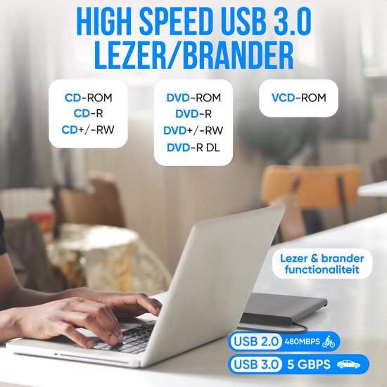Strex Externe DVD Speler en Brander - CD/DVD - Plug & Play - USB 3.0 DVD Speler - Geschikt voor Windows, Mac en Linux - Optical Drive - Strex