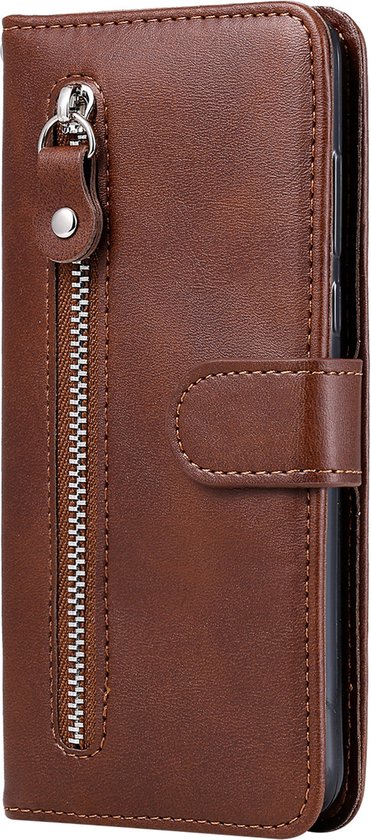 OPPO A74 5G Book Case Cover with Zipper - Similicuir - Porte-cartes - Portefeuille - OPPO A74 5G - Marron