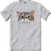 Curious Cat | Katten - Kat - Cats - T-Shirt - Unisex - Donker Grijs - Gemêleerd - Maat XL