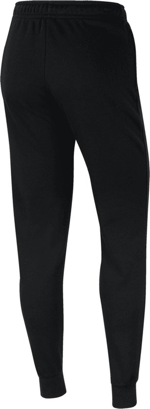 Zwarte Nike trainingsbroek, achterkant zichtbaar met strakke pijpen en geribde boorden.
