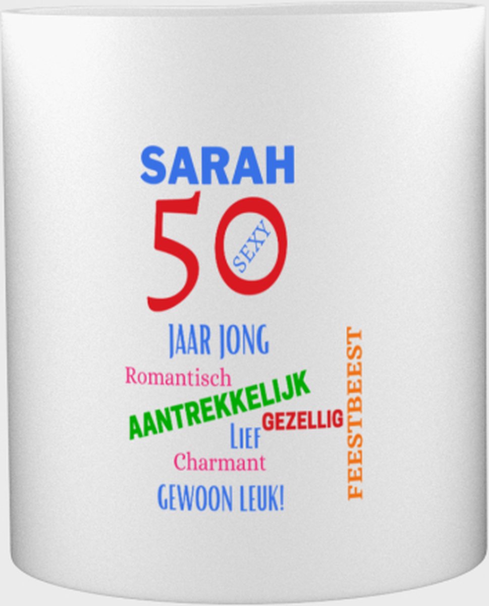 sleutelhanger wereld - Sarah 50 Mok met opdruk - verjaardag cadeau - mama - Grappige tekst - 350 ML inhoud