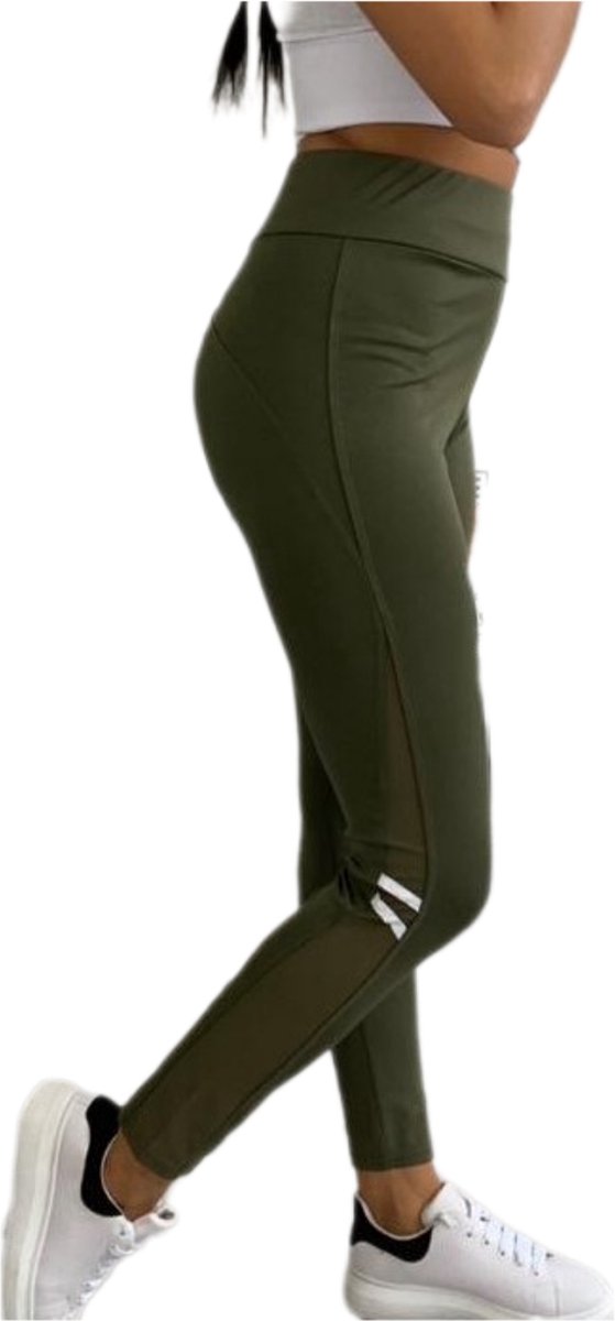 Sportlegging - Dames - Highwaist - Maat S/M - Yoga legging - Kleur Groen - doorzichtig stukje benen.