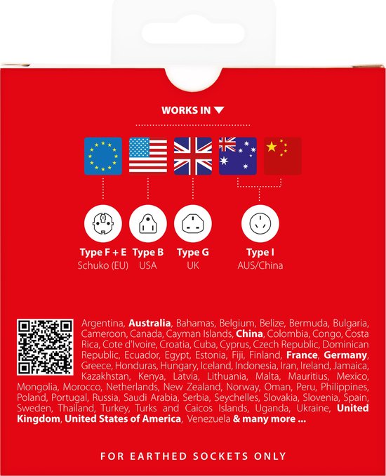 Doos met wereldstekkers: Type F+E (Schuko), Type B (USA), Type G (UK), Type I (AUS/China). Bevat EU, US, UK, AUS, CH vlaggen.