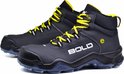 Twee zwarte, hoge werkschoenen met gele veters, opdruk 'BOLD'.