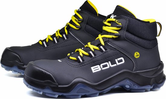 Twee zwarte, hoge werkschoenen met gele veters, opdruk 'BOLD'.