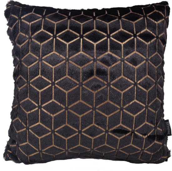 Black/Gold Geometric Kussenhoes | Polyester / Imitatiebont | 45 x 45 cm